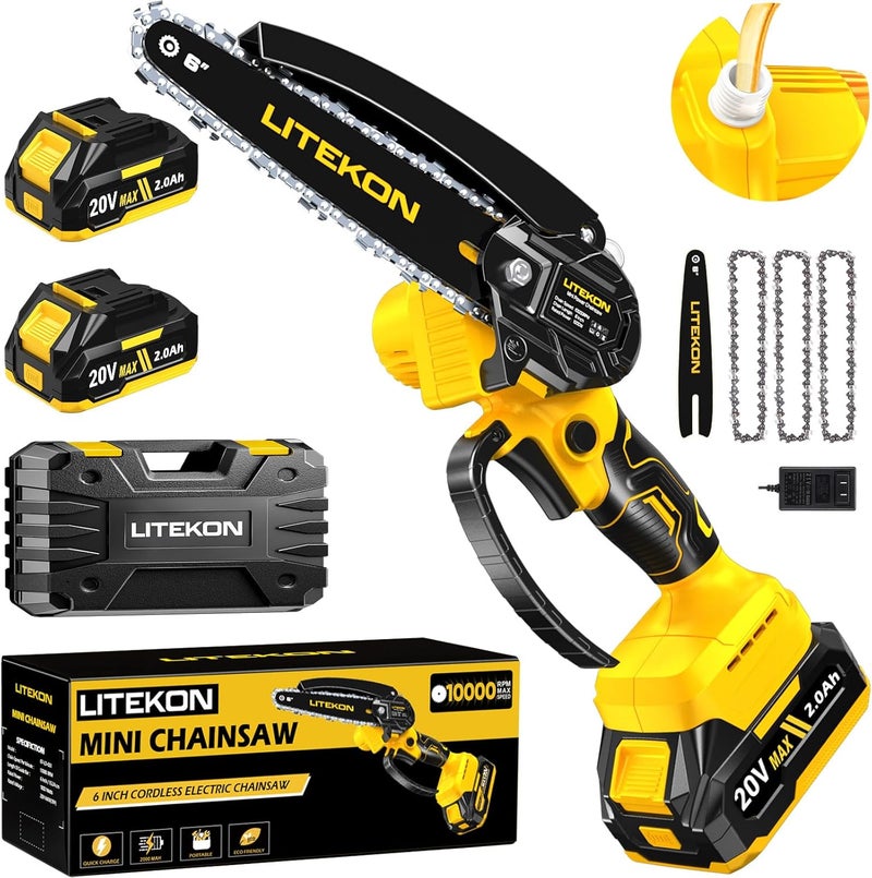 LITEKON Mini Chainsaw with 1000 Watt High Power Motor, 36 FT/S Cordless Power Chainsaw with Auto-Oil System, 2025 Upgraded 6Inch 20V Electric Chain Saw with 2x2000mAh Battery & Quick Charger, 3 Chains - Image 1